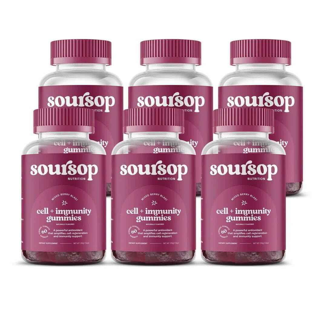 Soursop Nutrition Soursop Graviola Gummies, Sugar Free with Vitamin C & Zinc, Digestive & Immune Support, Antioxidants, Made from Soursop Leaves, Berry 6-Pack