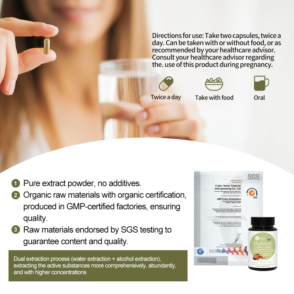 WL Herbal Treasure 4 in 1 Mushroom Complex Adaptogens with Lion's Mane, Reishi, Chaga & Cordyceps Capsule 90 Count