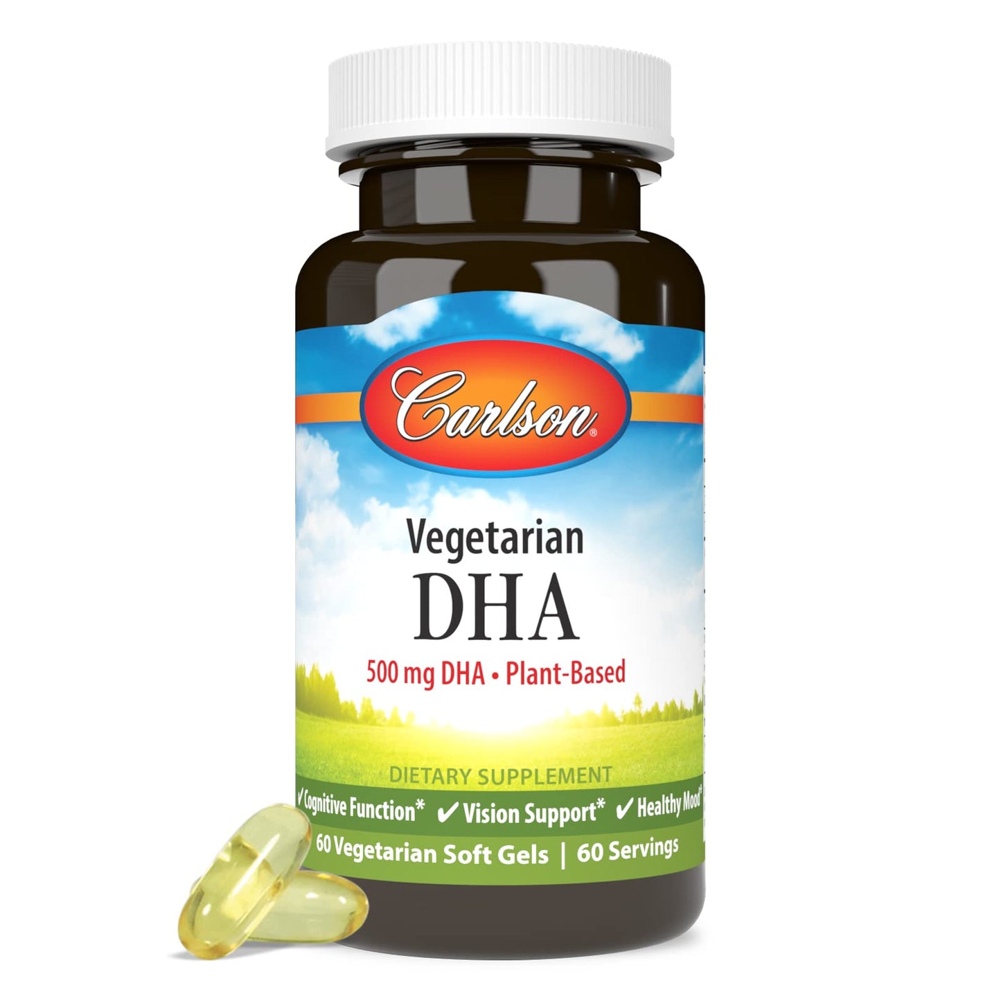 Carlson Vegetarian DHA 500 mg Plant Based, Sustainably Sourced from Algae, Brain Support Mood Health Softgels, 60 Count
