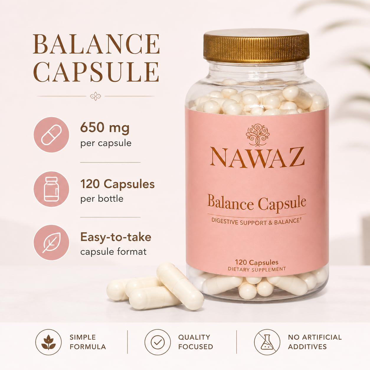 NAWAZ Wellness Balance Capsules Sodium Bicarbonate 650mg Delayed Release, 120 Capsules