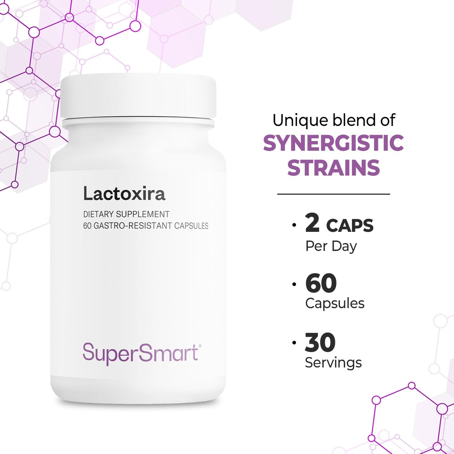 Supersmart Lactoxira High Potency 8-in-1 Probiotic Complex Supplement Advanced Formula for Women & Men with Lactobacillus Casei Brevis Capsules 60 Count