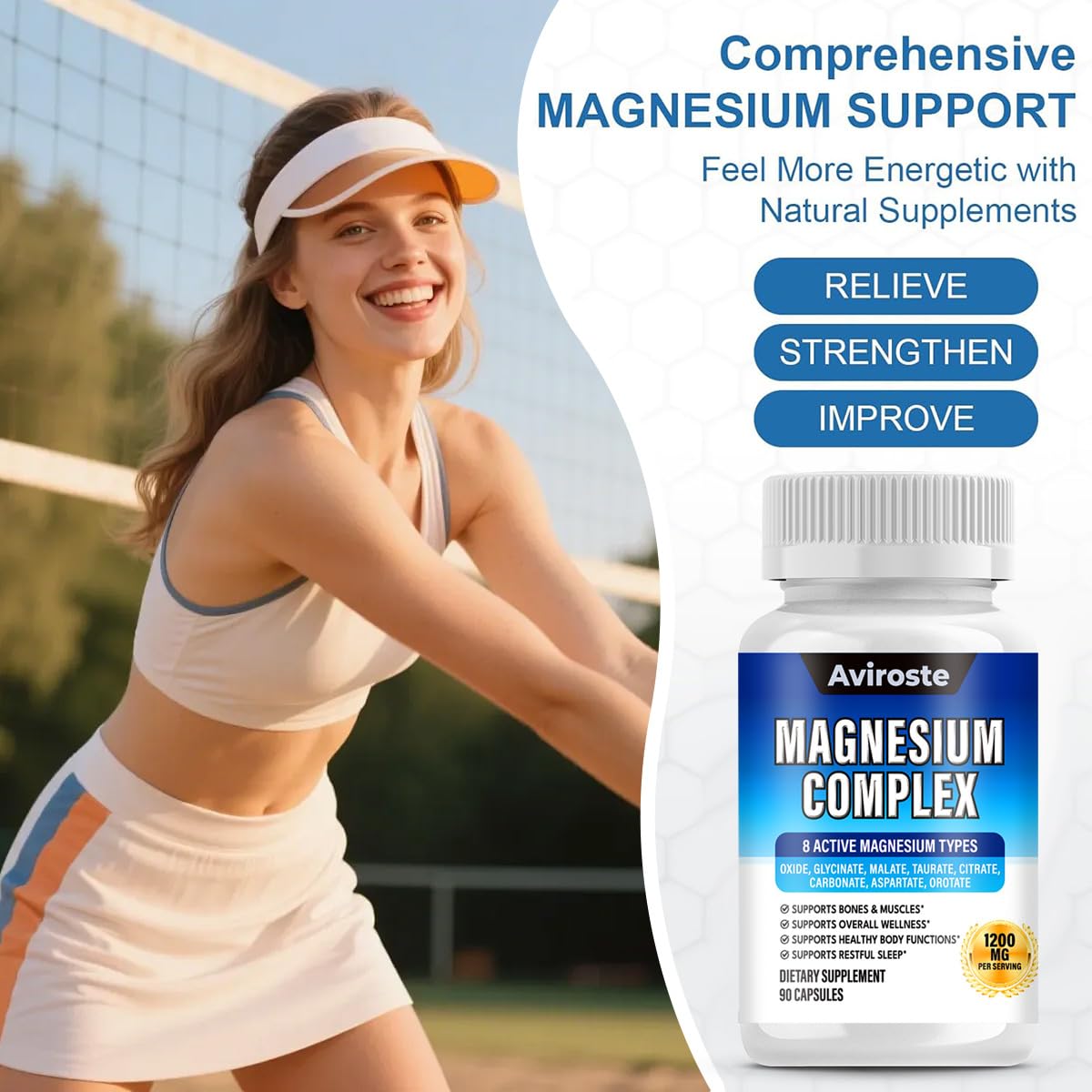 Aviroste Magnesium Complex Capsules, 8-Elemental 1000mg (Glycinate, Citrate, Malate, Taurate) - 1 Count