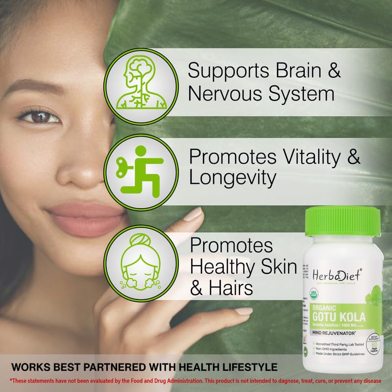 Herbadiet Organic Centella Asiatica Gotu Kola Brahmi Capsules, 120 Count