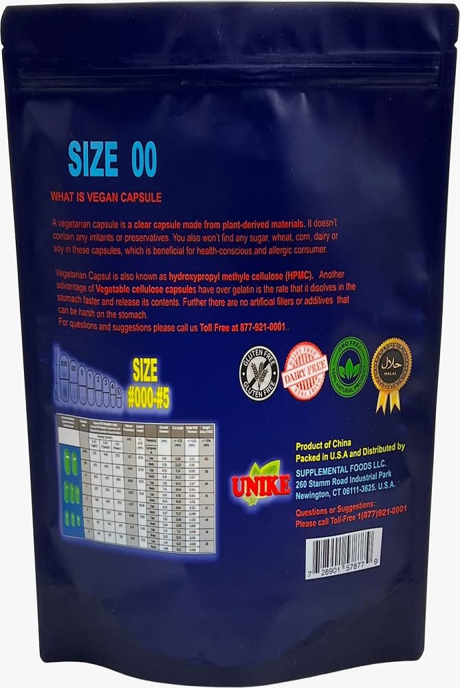 Unike Vegan Empty Capsules Size 00, 1000 Capsules