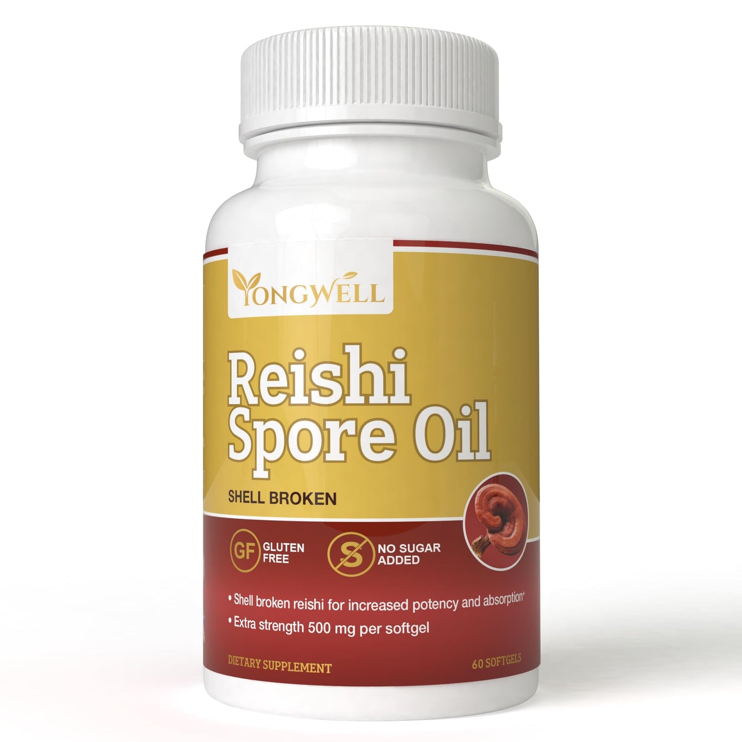 YongWell Reishi Spore Oil Shell-Broken Extra Strength 500mg Softgels 60 Count