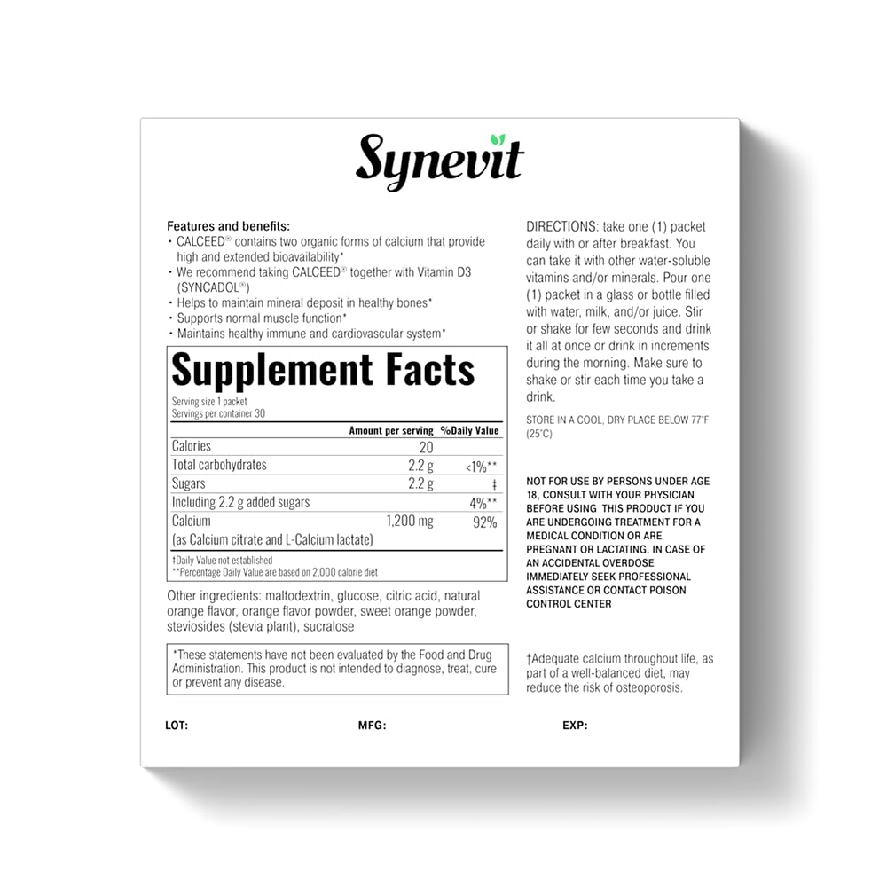 Synevit Calceed Calcium Supplement Powder Packets, 1200mg Organic Calcium, 30 Packets