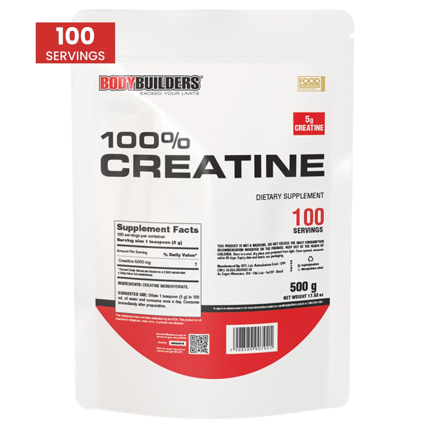 BODY BUILDERS 100% Creatine Unflavored Powder, 100 Servings