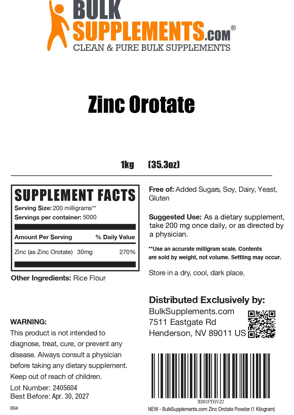 BulkSupplements Zinc Orotate Powder 35.3 oz