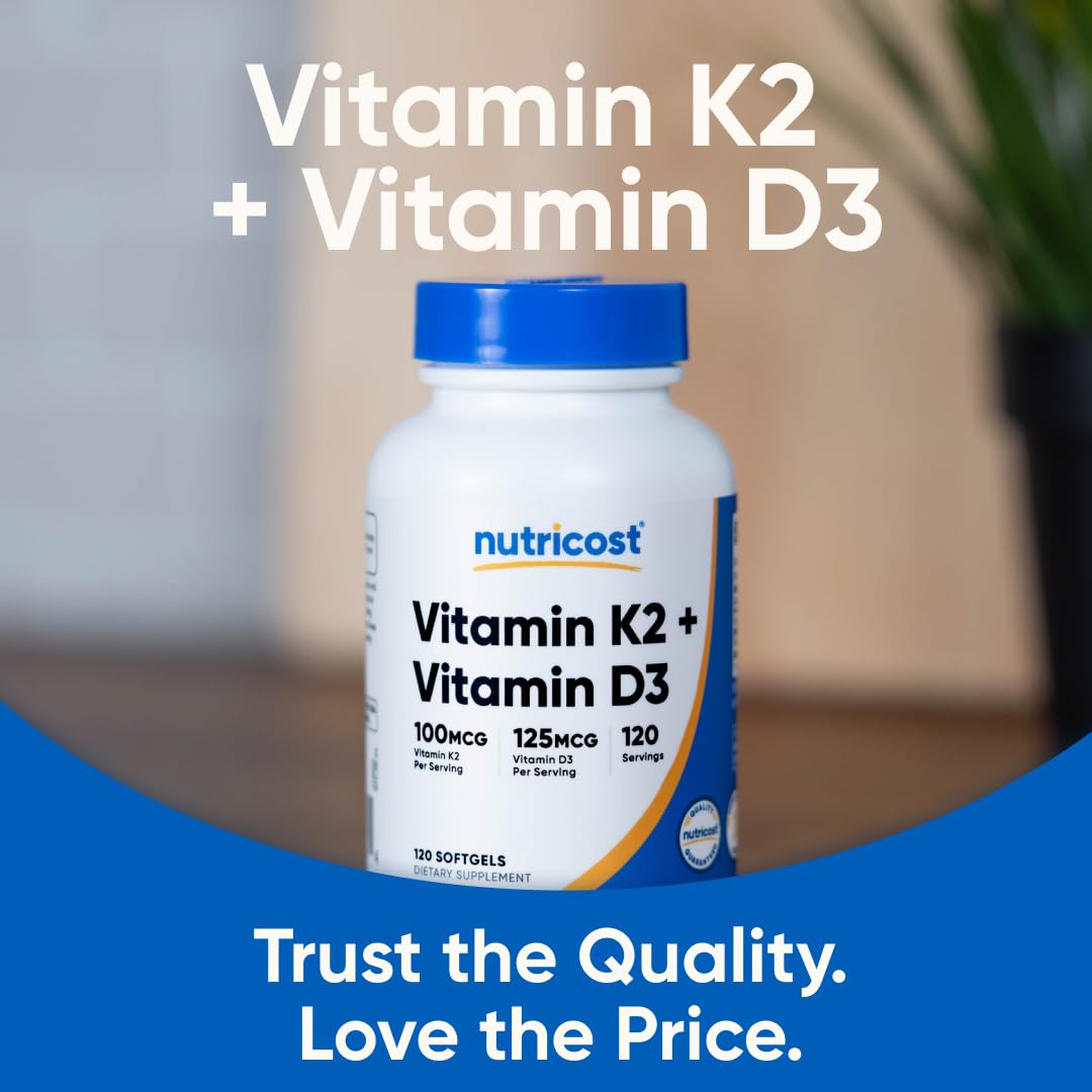 Nutricost Vitamin D3 + K2 (5000 IU D3 / 100mcg MK7) Softgels 120
