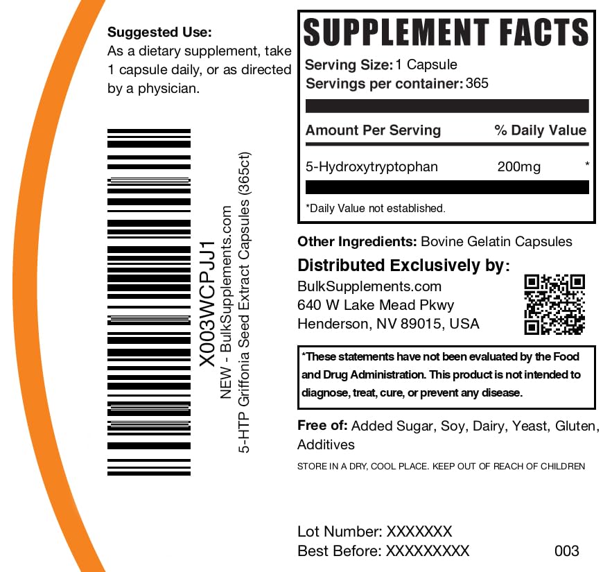 BulkSupplements 5-HTP Capsules - 5-Hydroxytryptophan, Mood Support Supplement - Gluten Free, 365 Capsules