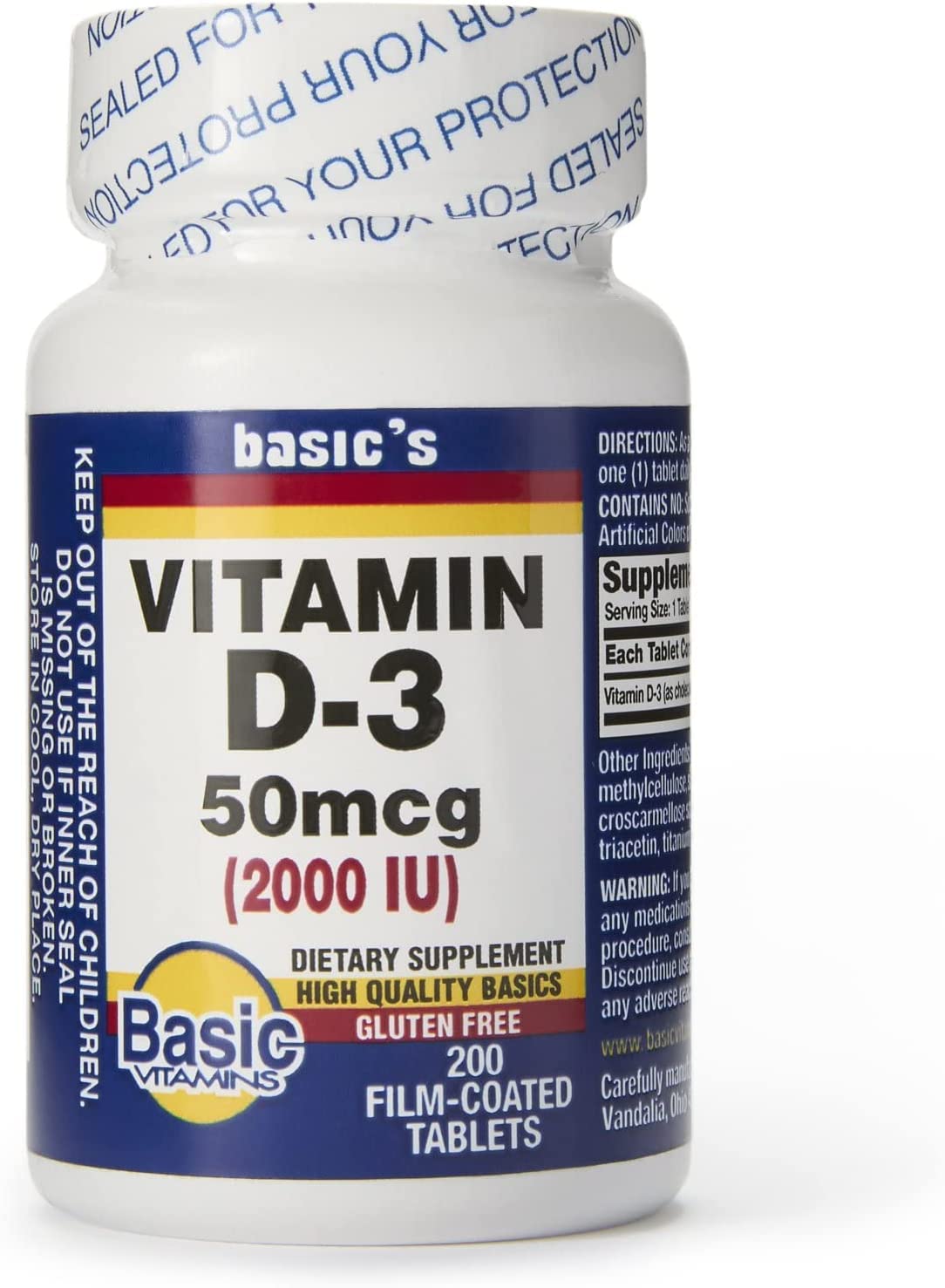 Basic Drugs Natural Vitamin D-3 2000 IU Tablet, 200 Count