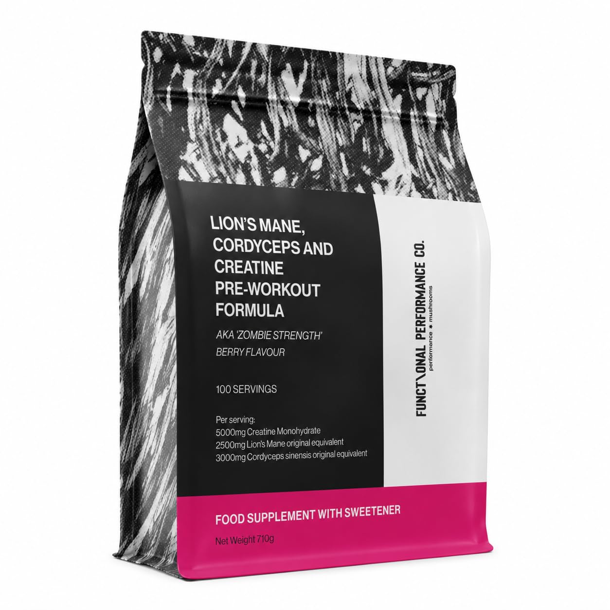 Functional Performance Co. Creatine Monohydrate Powder Micronized with Lion’s Mane & Cordyceps, Berry Flavour, 100 Servings