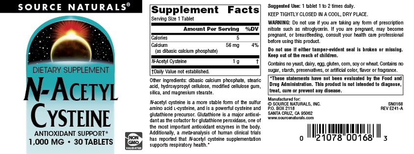 Source Naturals N-Acetyl Cysteine Antioxidant Support 1000 mg Dietary Supplement, 30 Tablets