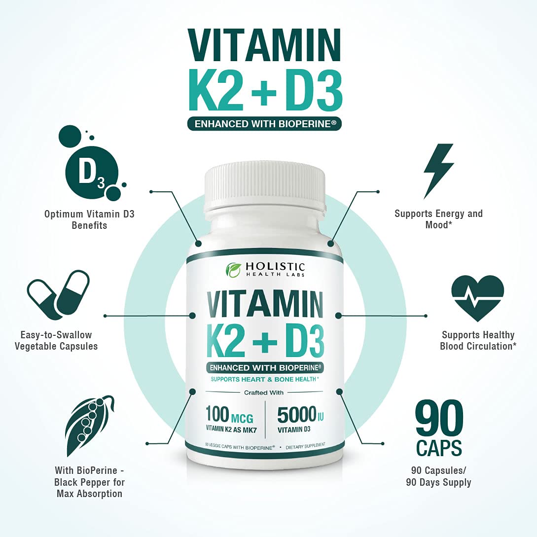Holistic Health Labs Max Absorption Vitamin K2 + D3 (5000IU) Capsules, 90 Count