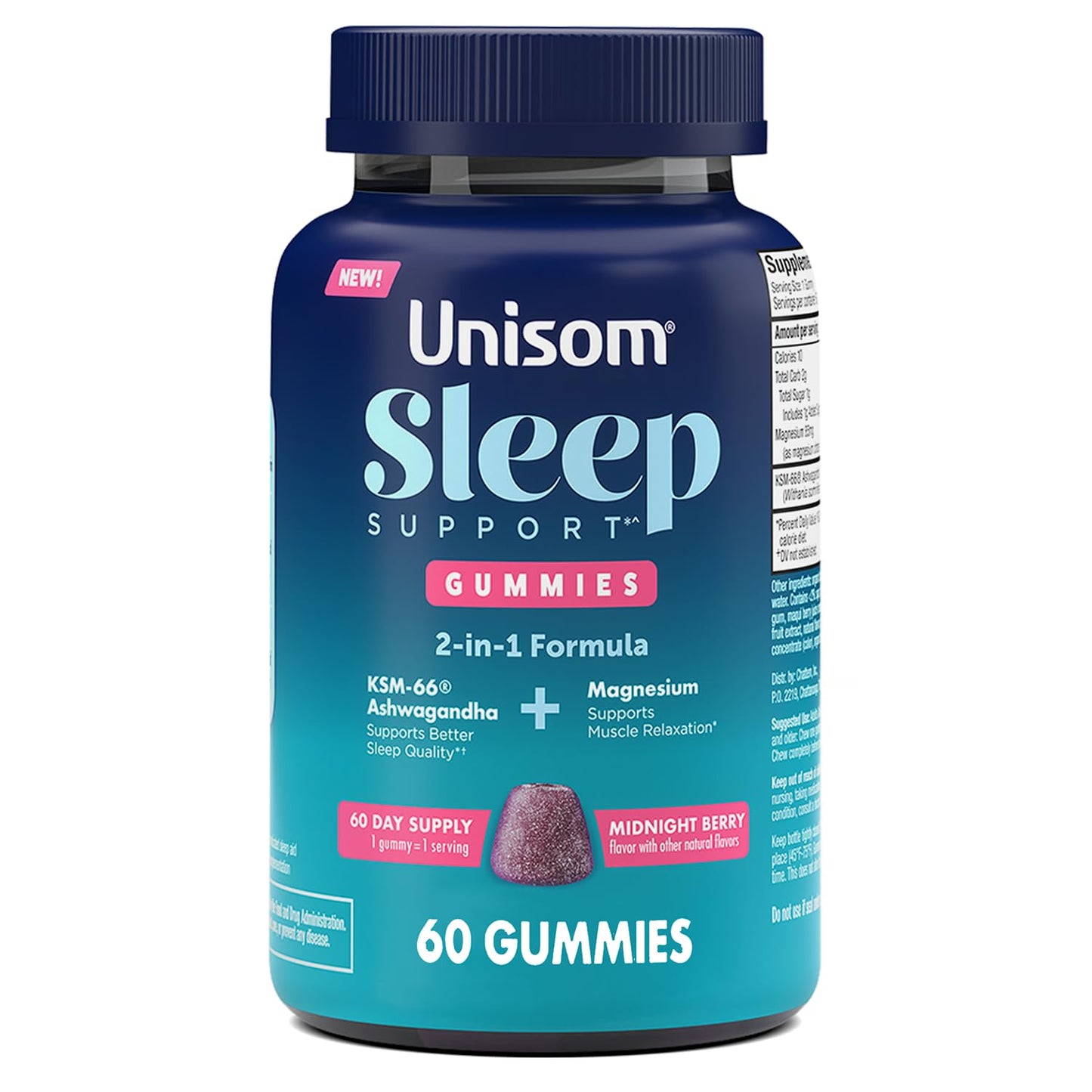 Unisom Sleep Support Gummies, 2-in-1 Magnesium Ashwagandha Drug-Free Formula, Midnight Berry Flavor, 60 Count