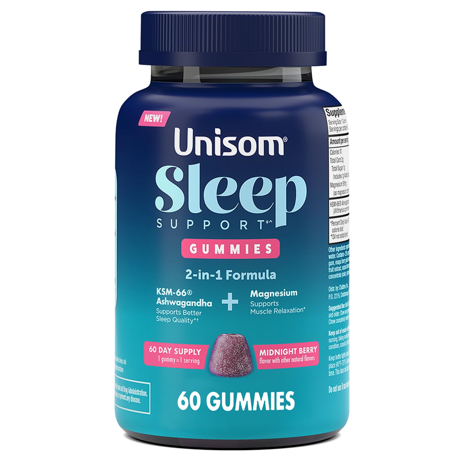 Unisom Sleep Support Gummies, 2-in-1 Magnesium Ashwagandha Drug-Free Formula, Midnight Berry Flavor, 60 Count