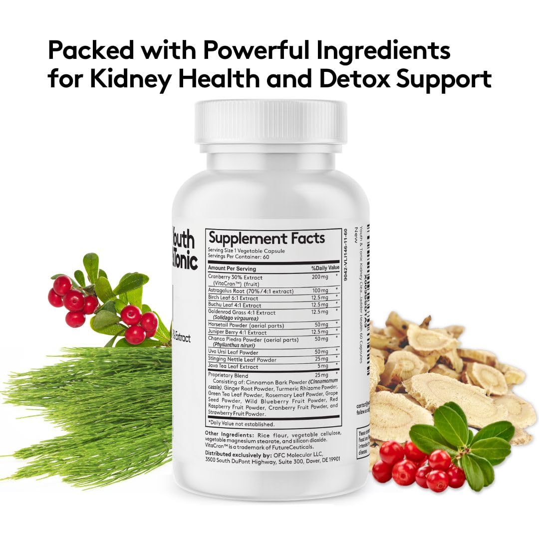 Youth & Tonic Kidney Cleanse Detox for Residual Metabolic Waste & Excess Body Water for Urinary Tract & Bladder Health 60 Capsules