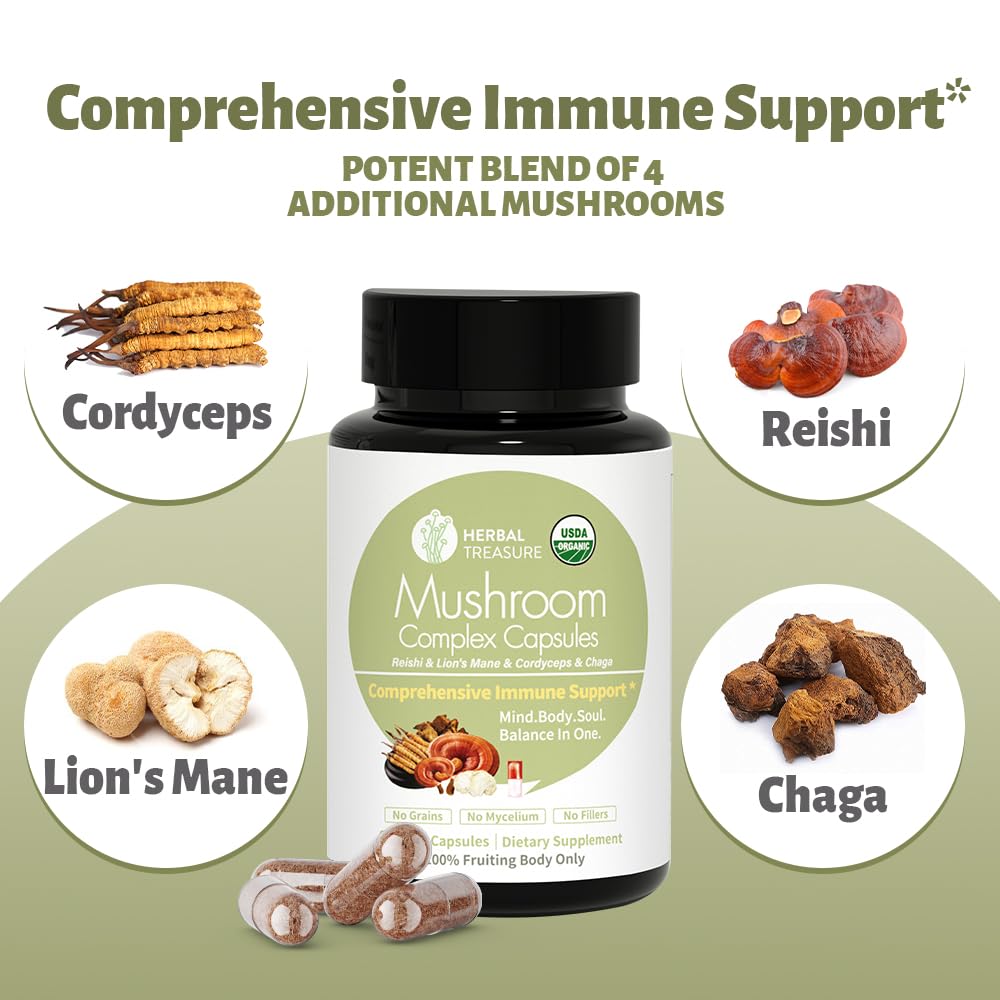 WL Herbal Treasure 4 in 1 Mushroom Complex Adaptogens with Lion's Mane, Reishi, Chaga & Cordyceps Capsule 90 Count