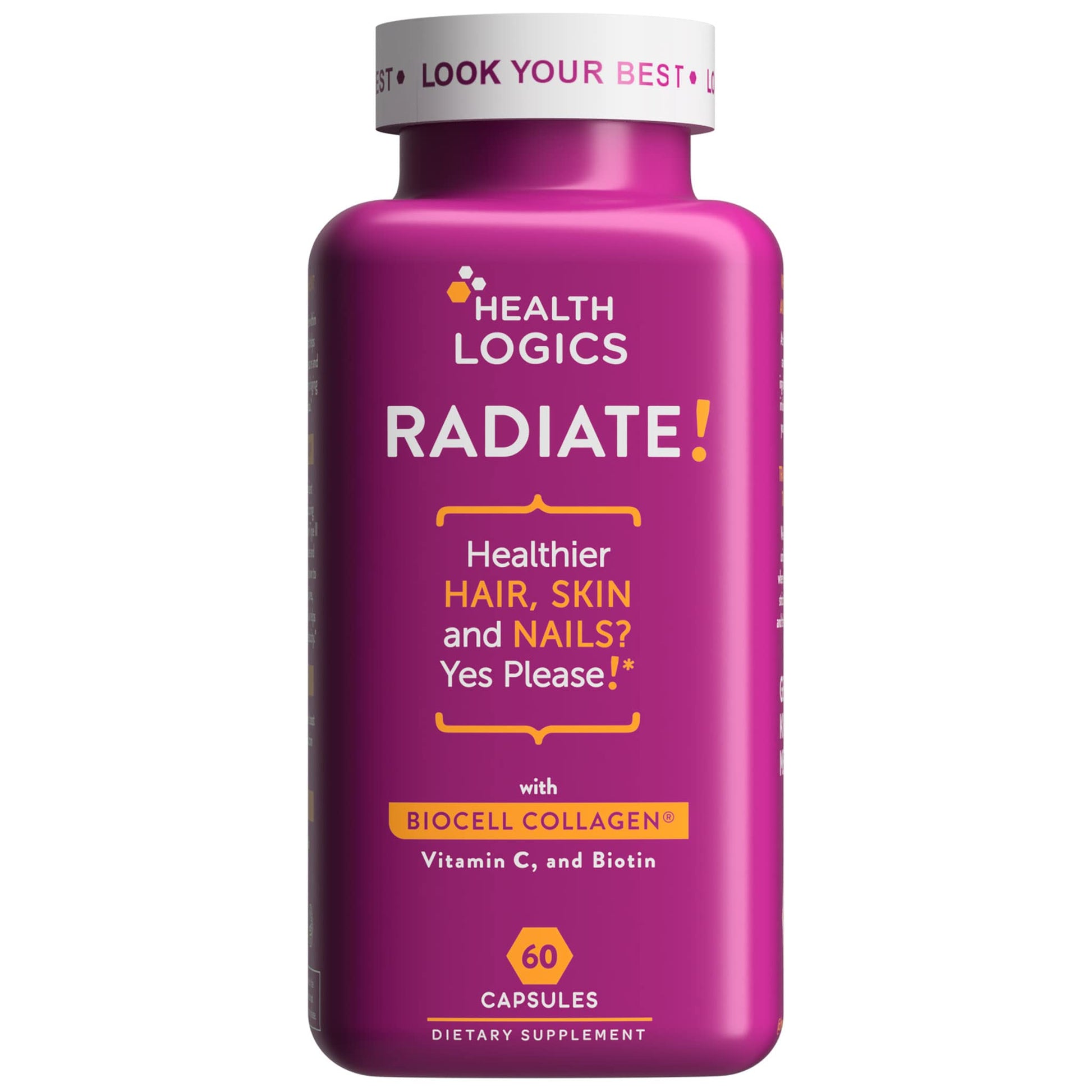 Health Logics Radiate Hair Skin & Nails with Biotin, BioCell Collagen, Vitamin C, Hyaluronic Acid Capsules, 60 Count