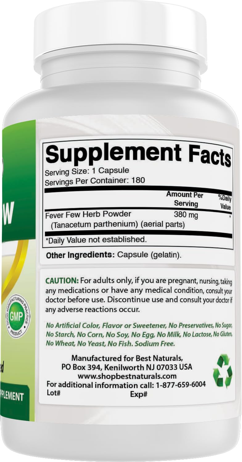 Best Naturals Feverfew 380 mg Capsules 180 Count