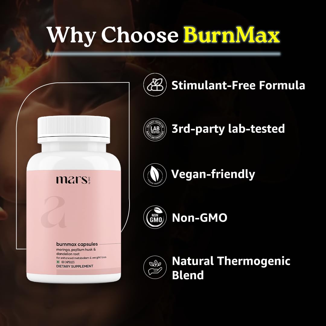 Mars by GHC BurnMax Capsules with Psyllium Husk, Green Tea Extract, Moringa & Dandelion Root, High Fibre Wellness Formula, 2 Count Capsules