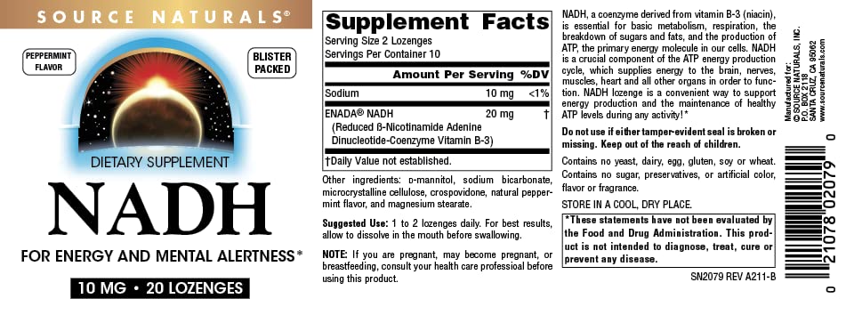 Source Naturals NADH 10mg, Boost Energy and Mental Alertness Lozenges, 20 Count