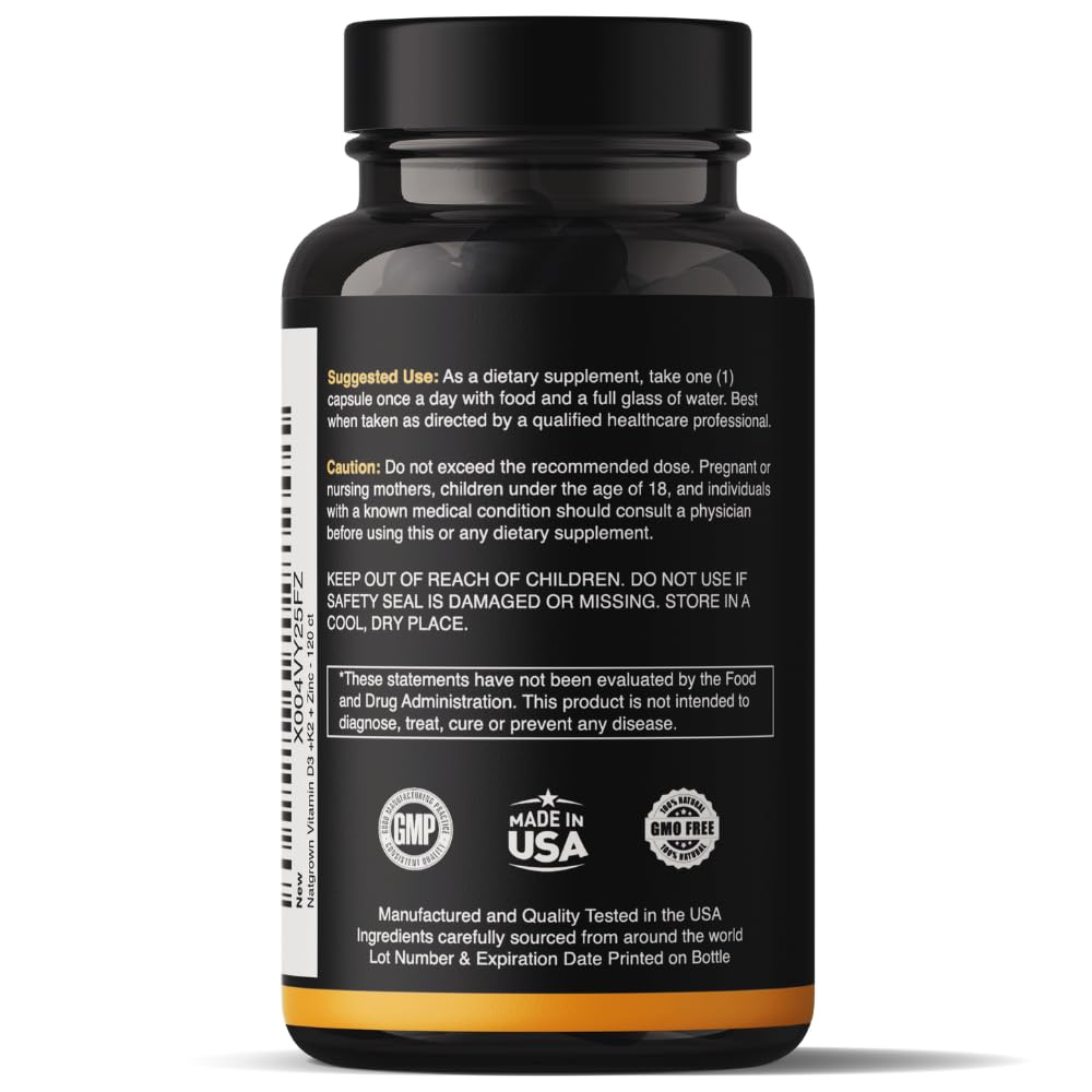Natgrown Vitamin D3 K2 with Zinc - D3 5000 IU & K2 MK7 100 mcg Capsule, 120 Count