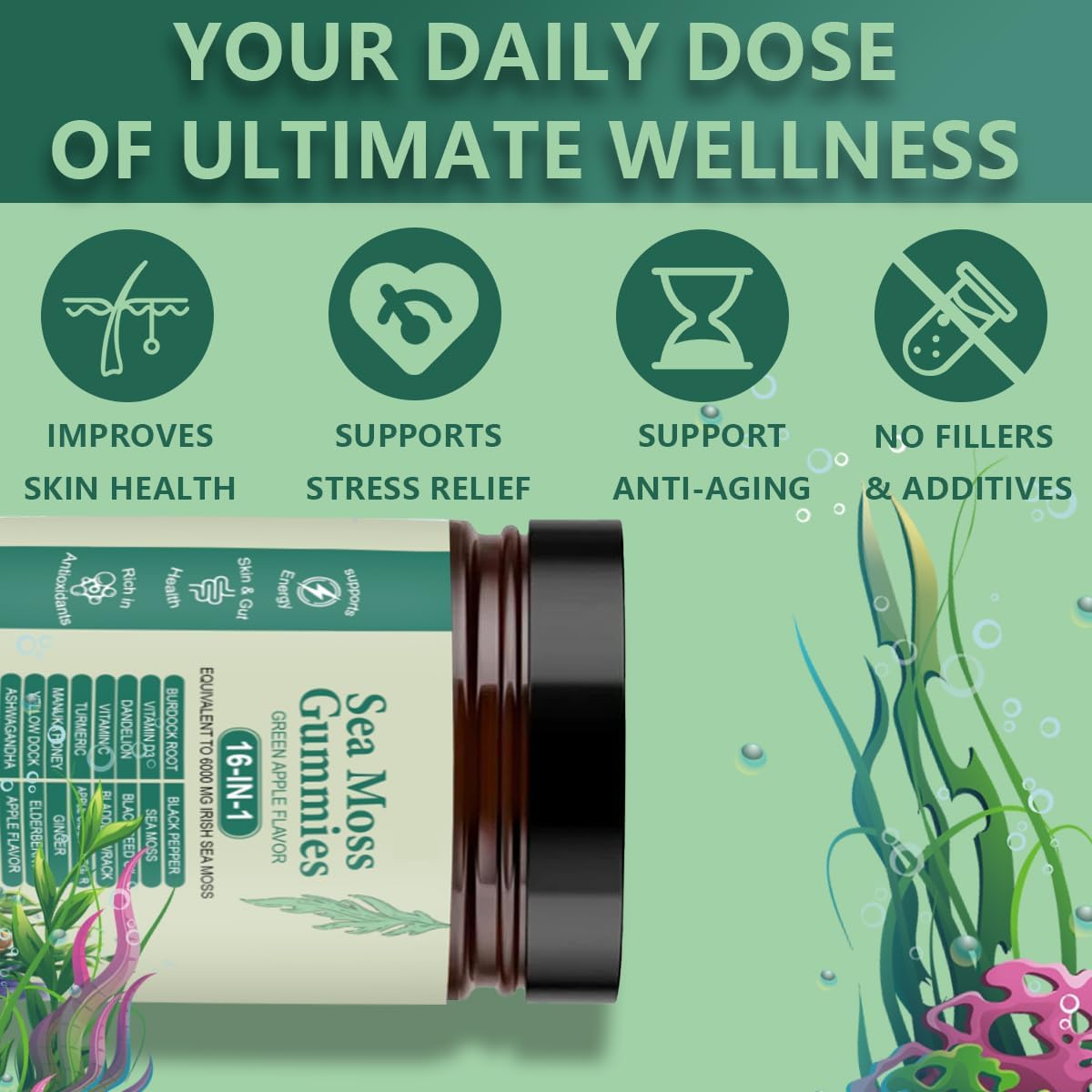 FW ZONE Sea Moss Gummies 16-in-1 with Black Seed Oil, Ashwagandha, 60 Gummies