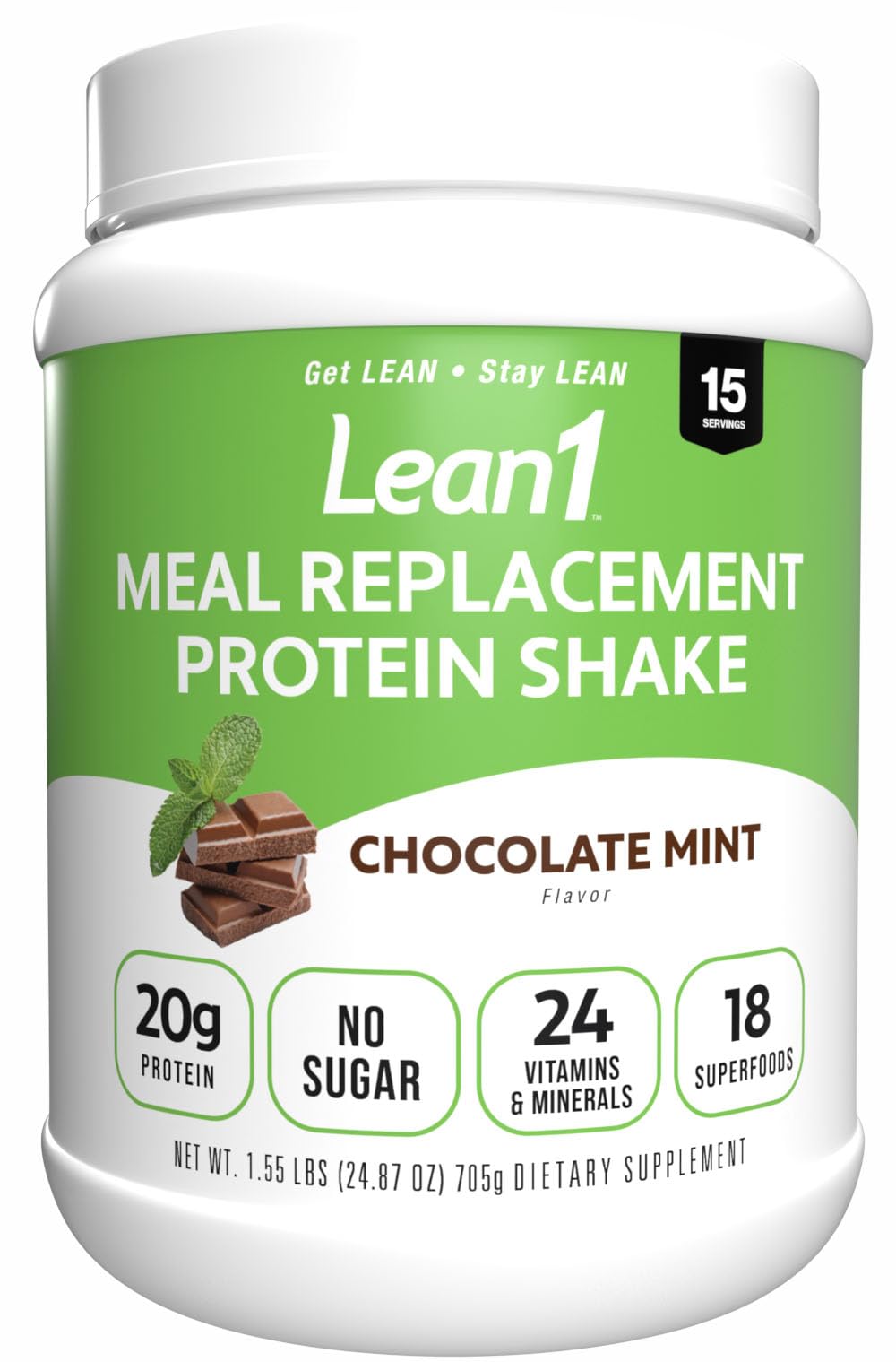 LEAN1 Chocolate Mint Flavor Fat-Burning Meal Replacement Protein Shake Powder, 27.5 Ounce