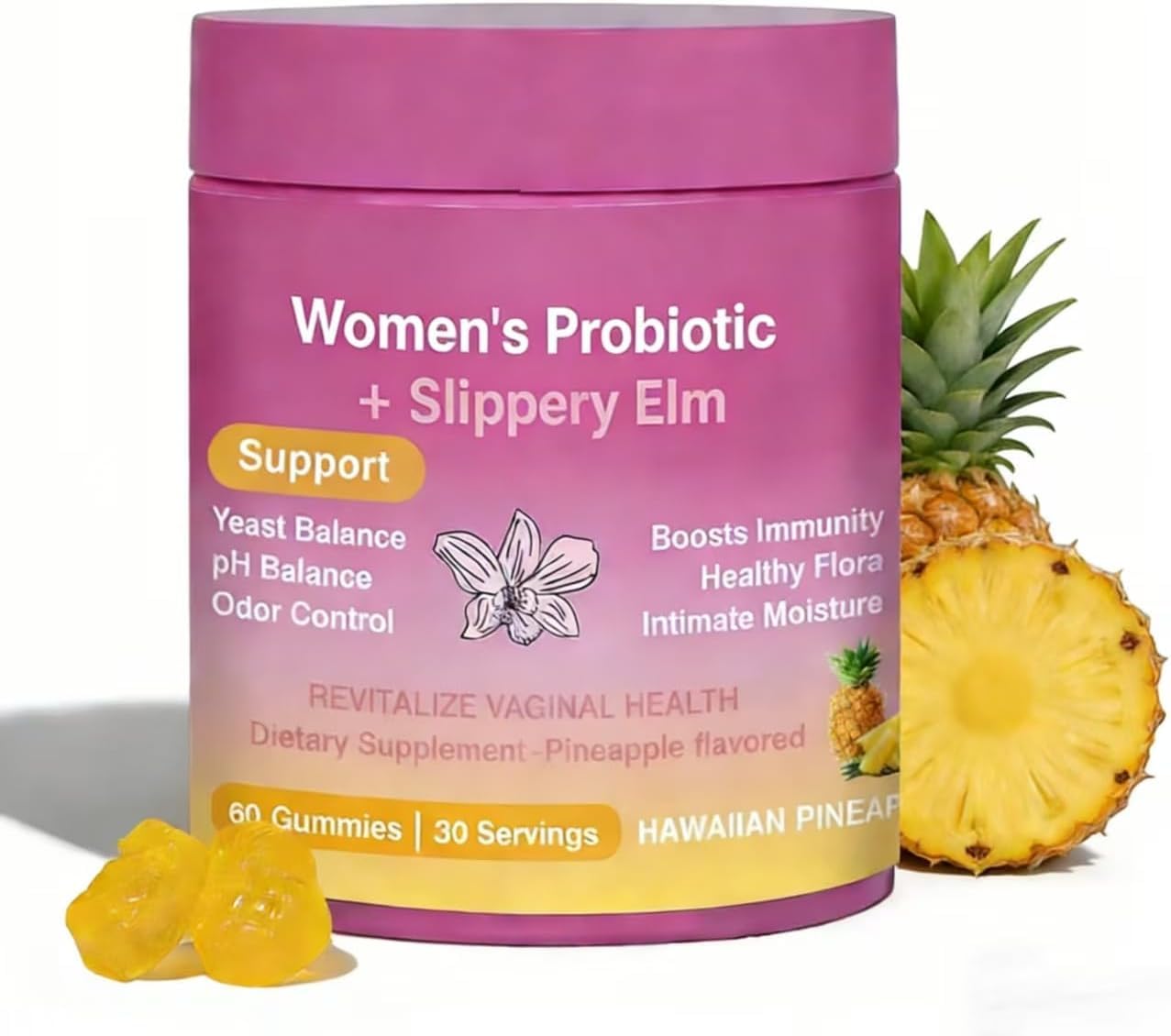 FW ZONE Juicy Feminine Probiotic Gummies for Women - Pineapple Flavor, Slippery Elm, Vegan, Digestive & Immune Support, 6.4 Ounce