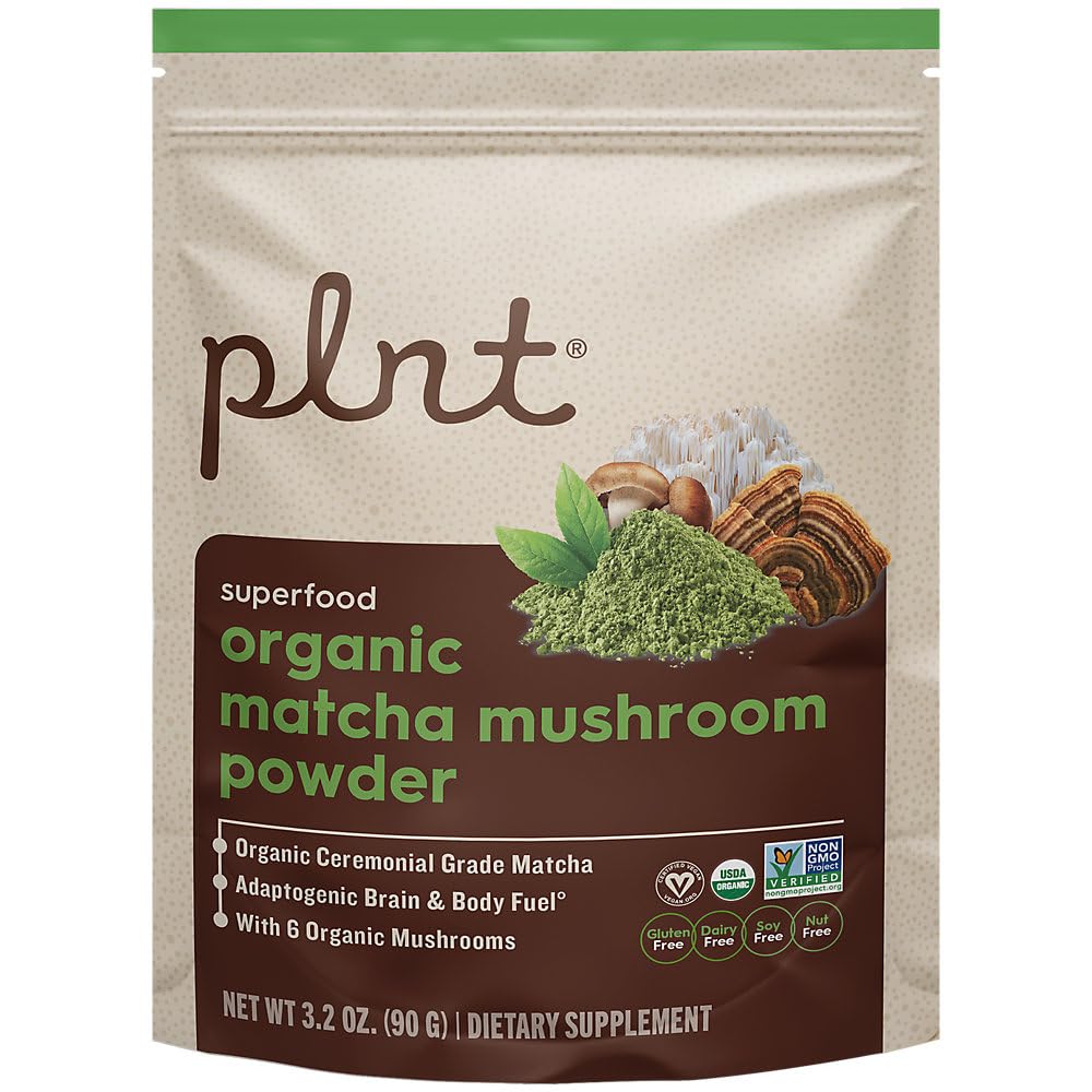 plnt Organic Matcha Mushroom Powder Adaptogenic Superfood Formula for Brain & Body Fuel, 3.2 Ounce