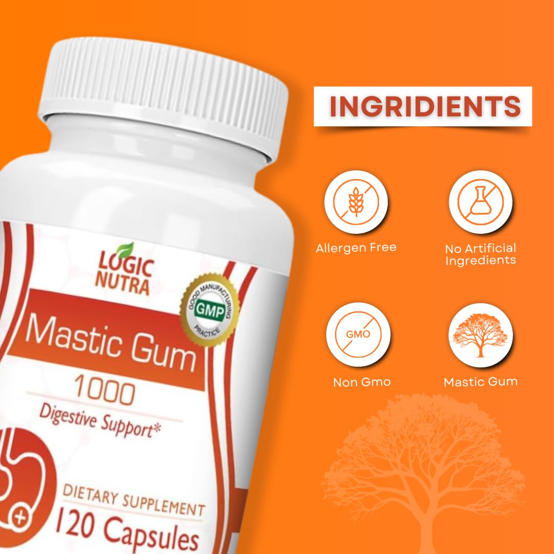 Logic Nutra Mastic Gum Capsules 1000mg Per Serving, Natural Gastrointestinal Support Supplement, 120 Capsules