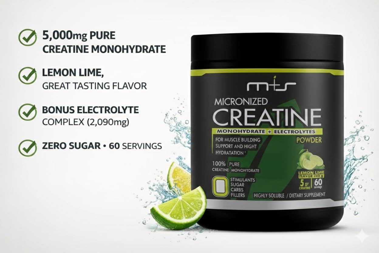 M+S Creatine Electrolytes, Micronized Monohydrate Powder Lemon Lime, 19.04 oz