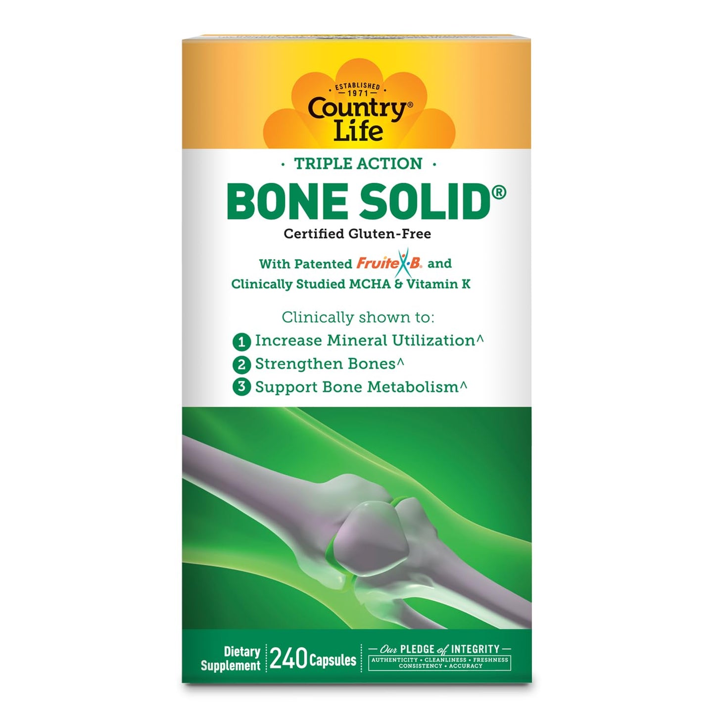 Country Life Triple Action Bone Solid Calcium MCHA K2 D3, 240 Capsules