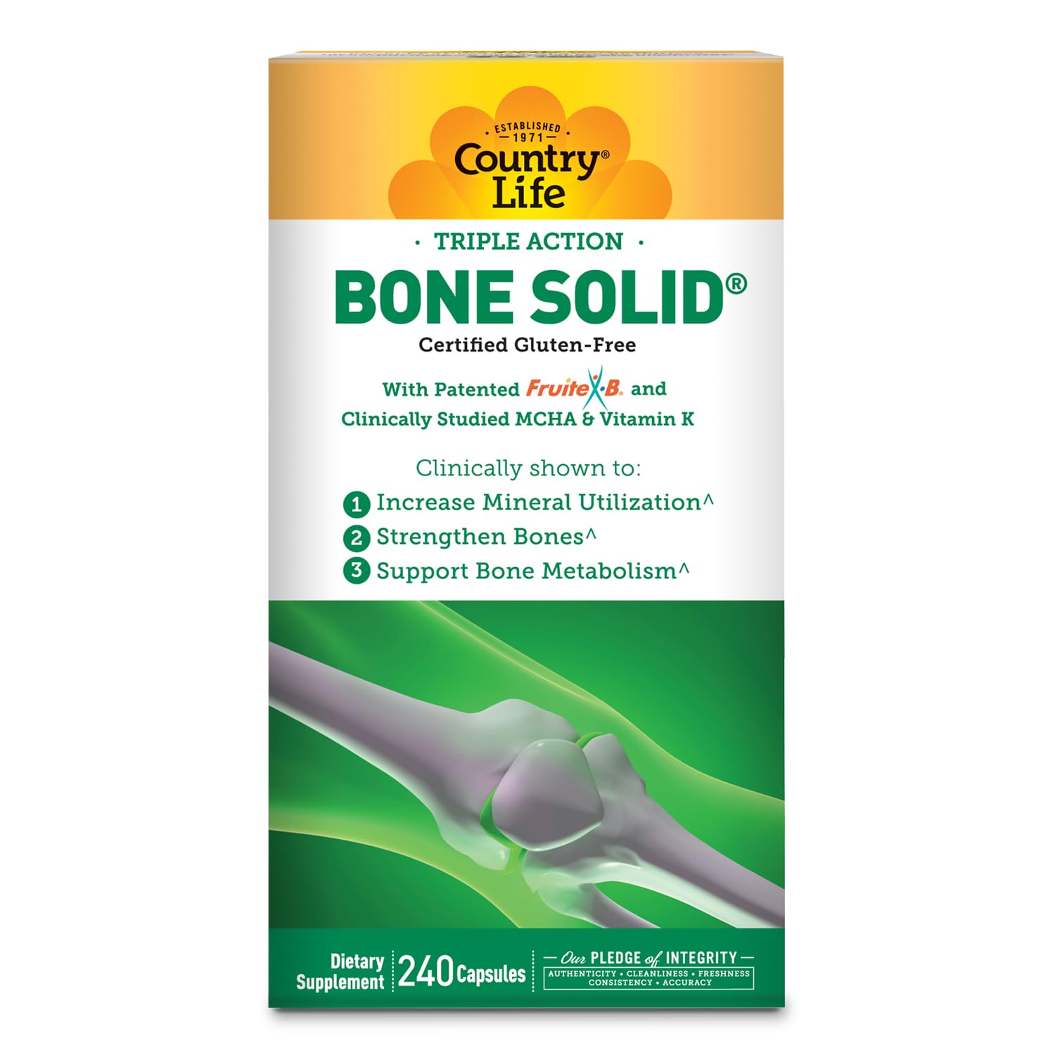 Country Life Triple Action Bone Solid Calcium MCHA K2 D3, 240 Capsules