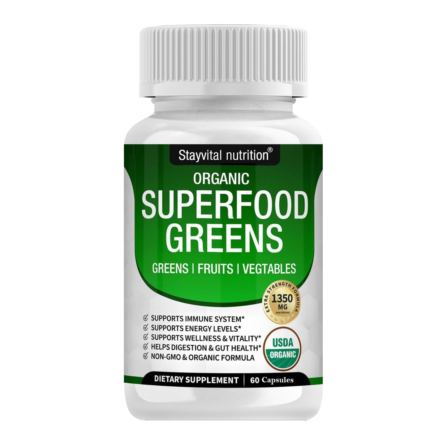 Stayvital Nutrition USDA Organic Superfood Greens – 28 Plant-Based Ingredients, Fruit & Veggie Supplement with Alfalfa, Beet Root, and Ginger, 60 Capsules