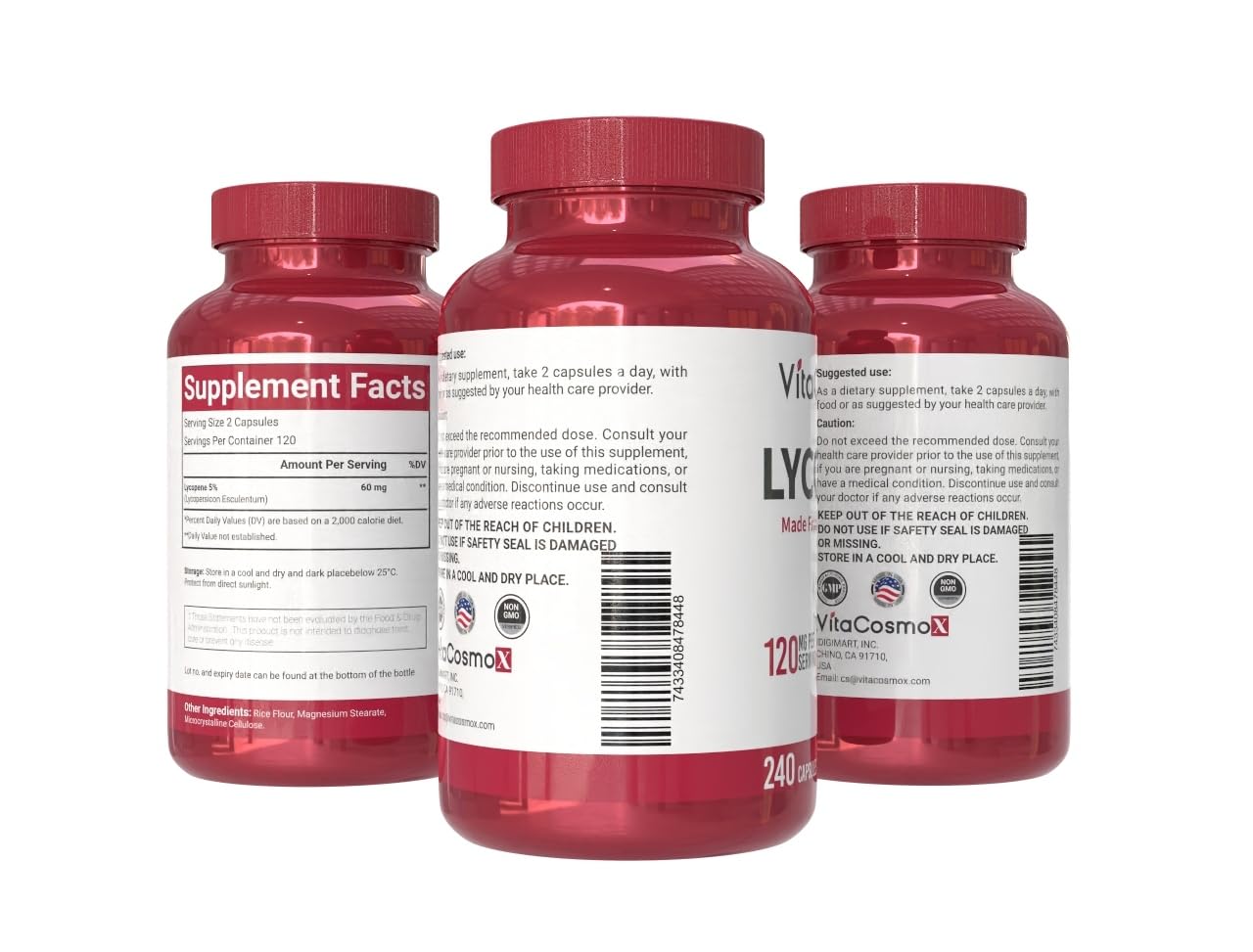 VitaCosmoX Lycopene 120mg Vegan Capsules, 240 Count