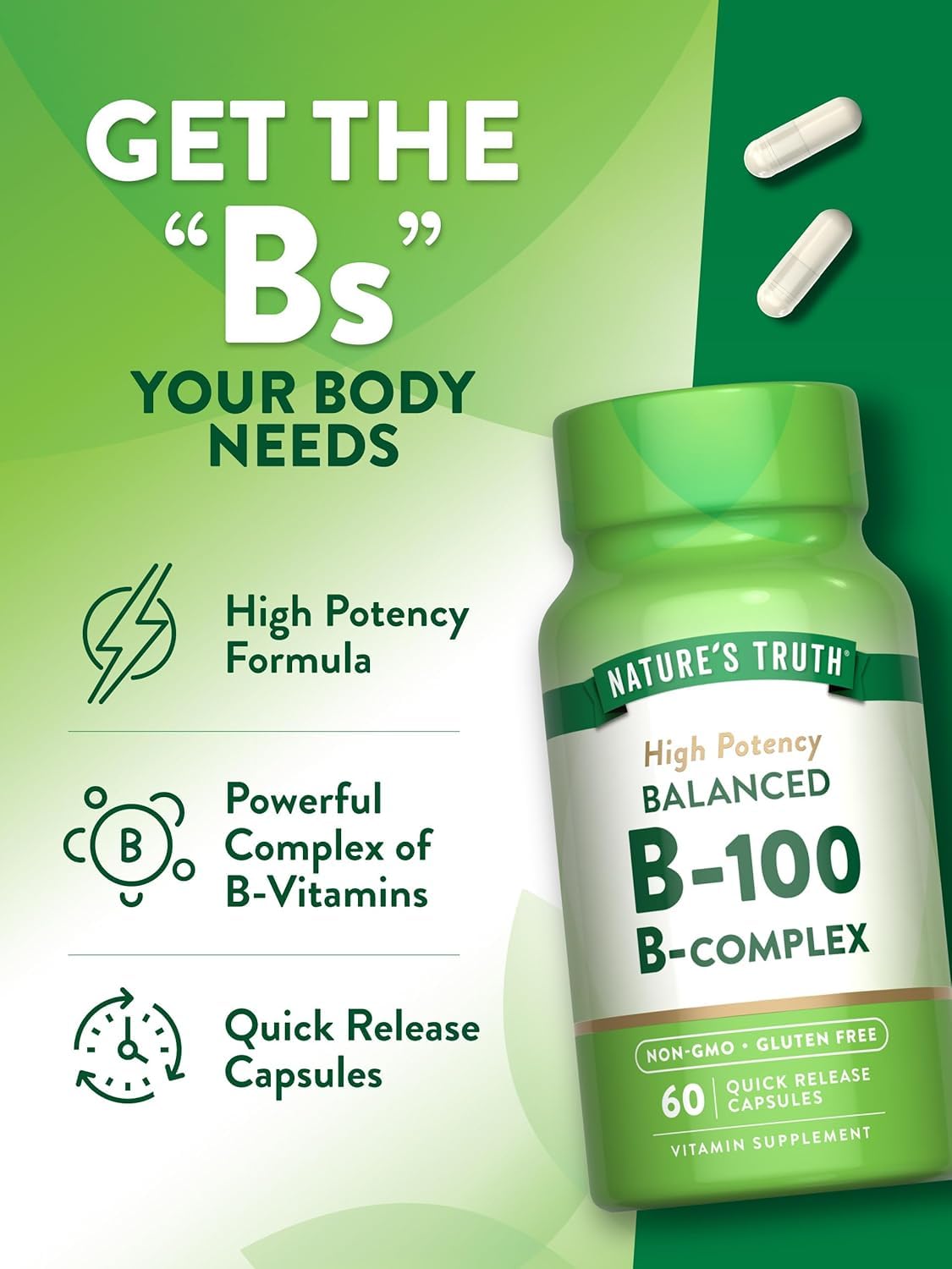Nature's Truth High Potency Balanced B-100 B-Complex Quick Release Capsules, 60 Capsules