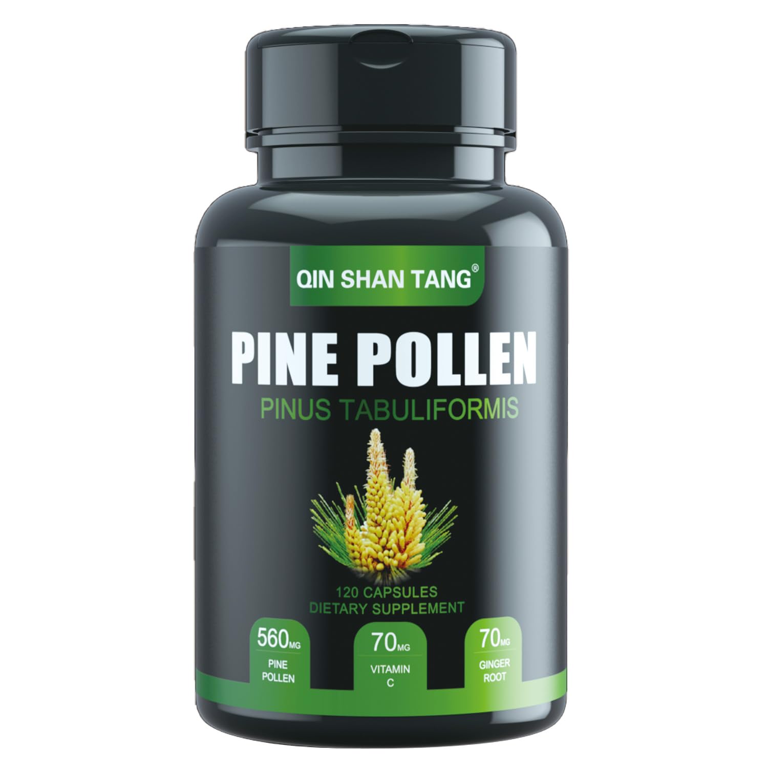 QIN SHAN TANG Pine Pollen Supplement with Ginger Root and Vitamin C, 99% Cracked Cell Wall, Capsules, 120