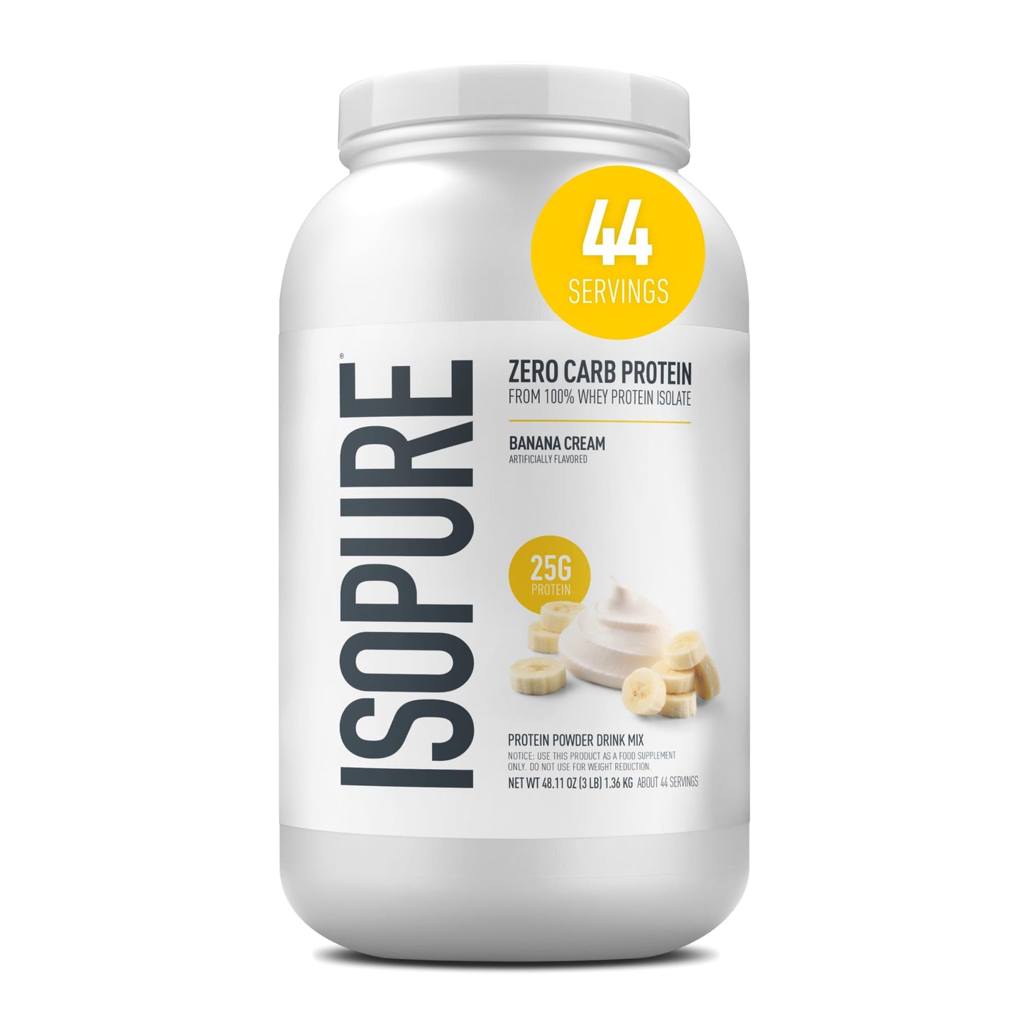 Isopure Zero Carb 100% Pure Whey Isolate Protein Powder, Banana Cream, Gluten Free, With Vitamins, 3 Lbs, 48 Servings