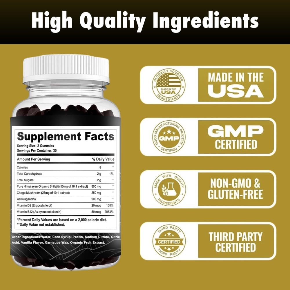 GET WAVY ORGANICS Pure Himalayan Shilajit Gummies with Ashwagandha and Chaga Mushrooms, Vitamin D2 and B12, Fulvic Acid and 85+ Trace Minerals, 60 Gummies