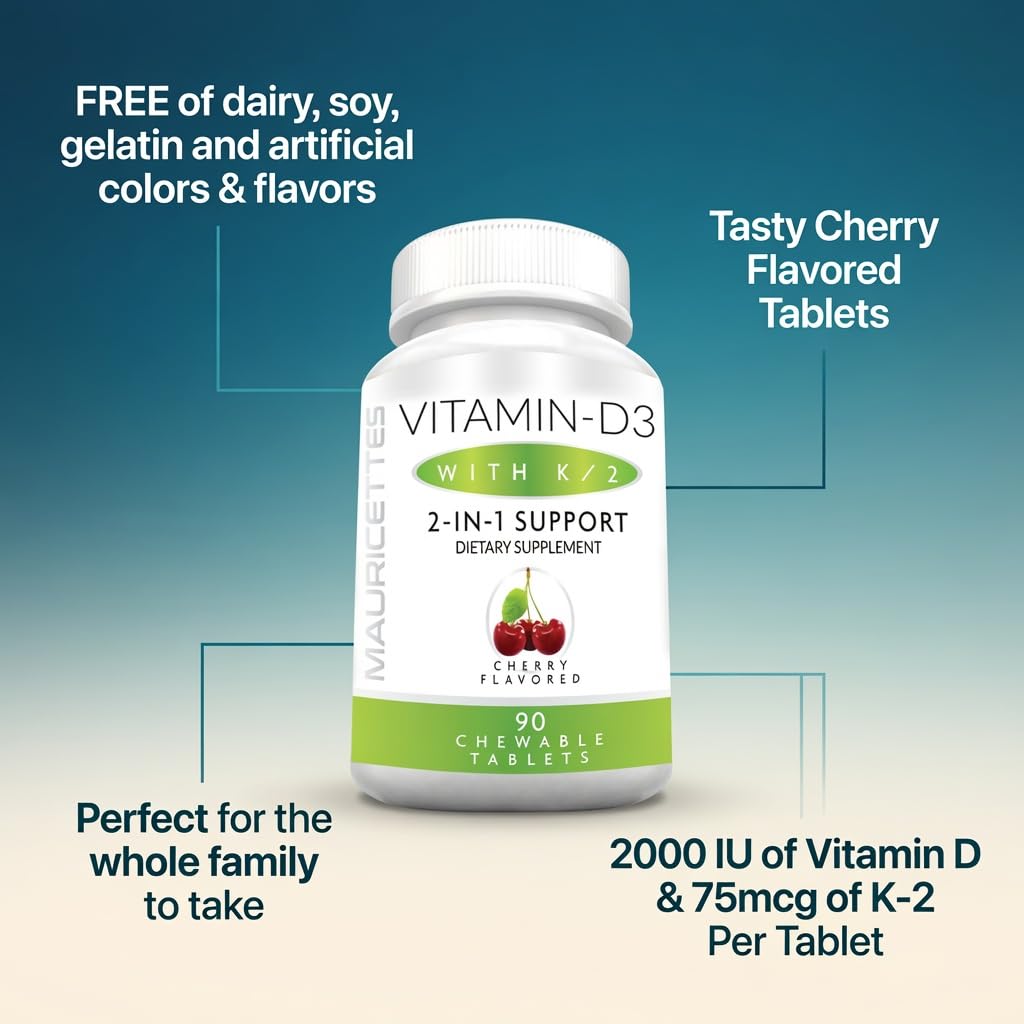 Mauricettes Vitamin D3 + K2 (MK-7) Chewable Tablets, Cherry Flavor, 2,000 IU, 90 Tablets
