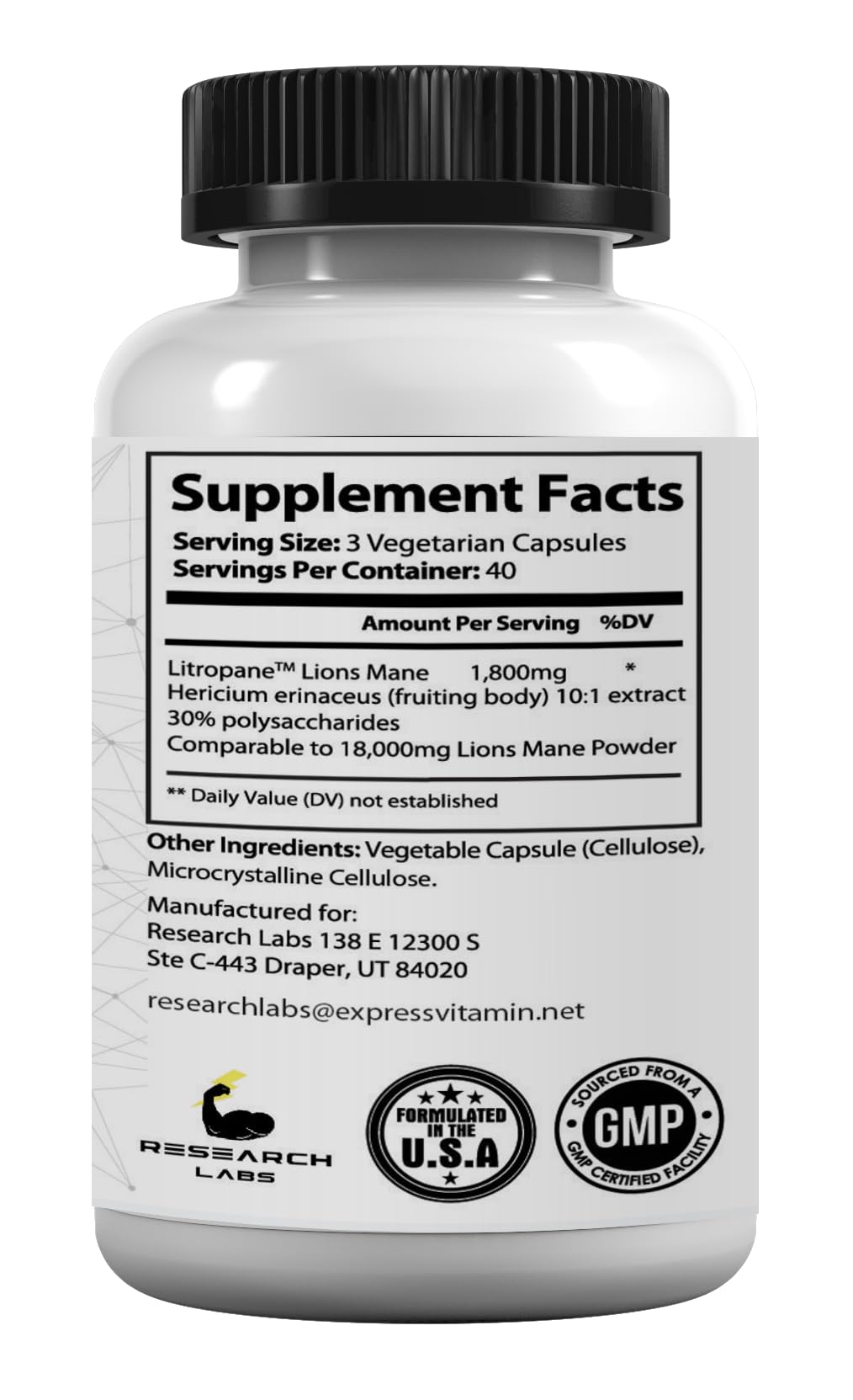 Research Labs Organic Lions Mane Supplement Capsules, 240 Capsules