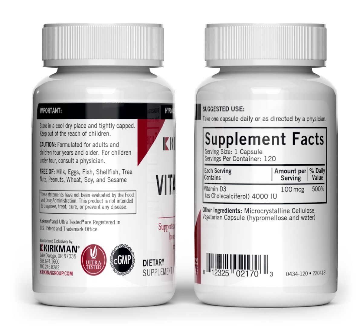 Kirkman Vitamin D-3 4000 IU Hypoallergenic, Gluten Free, Casein Free, Plant-Based Vegetarian Capsules, 120 Count