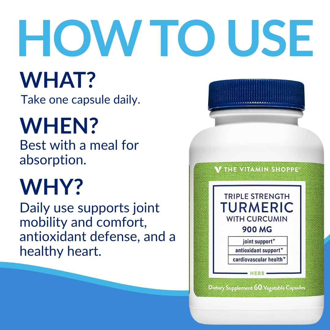 The Vitamin Shoppe Triple Strength Turmeric Supplement with Curcumin 900mg & BioPerine, Black Pepper Extract for Joint Mobility & Antioxidant Support 60 Capsules