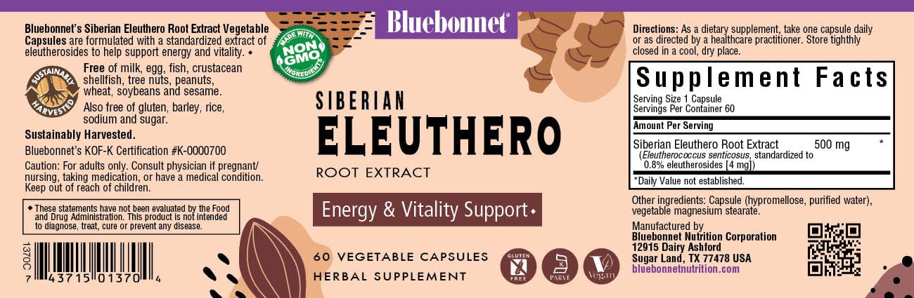 BlueBonnet Siberian Eleuthero Root Extract Supplement Capsules, 60