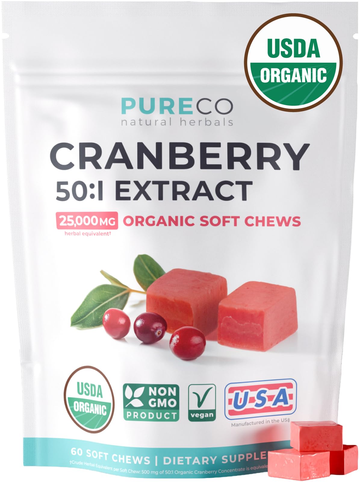 PURE CO Certified Organic Cranberry Chews 60 Count
