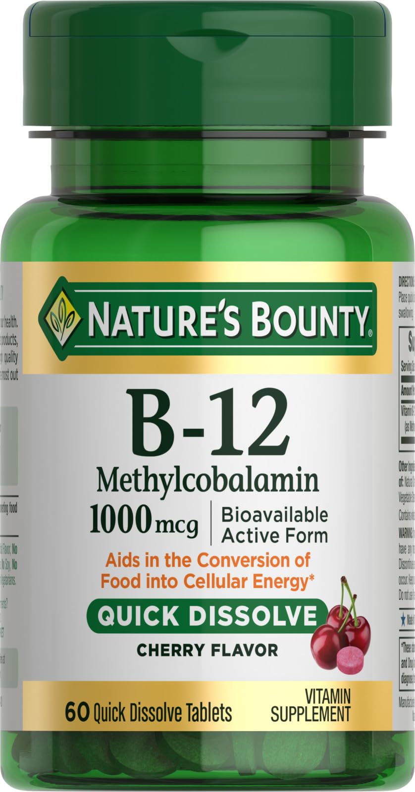 Nature's Bounty Vitamin B-12 Quick Dissolve Tablets, 1000mcg, Cherry Flavor, Tablet, 60 Count