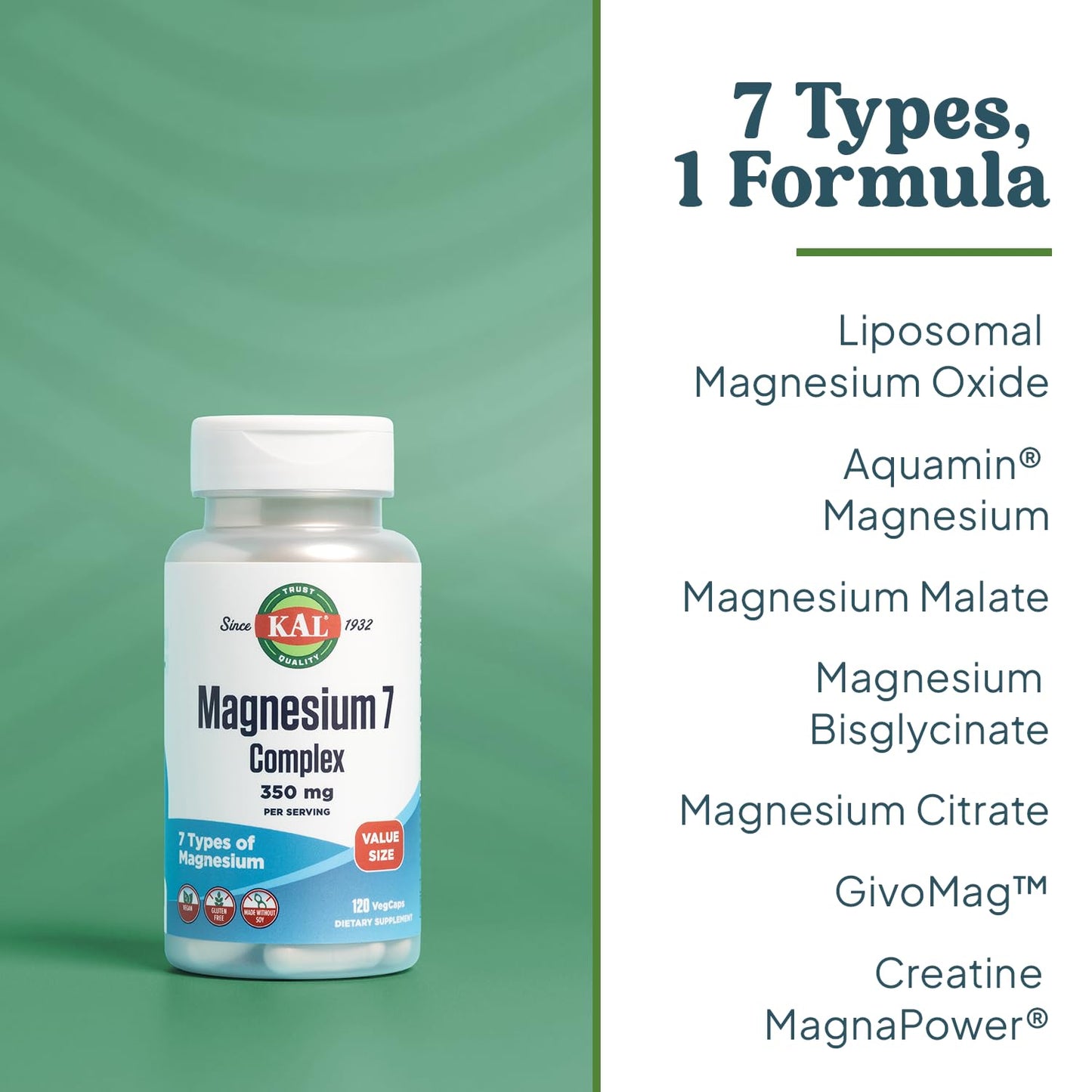KAL Magnesium Complex 7 - Total Complex with Magnesium Glycinate, Citrate, Malate and More Capsules, 120 Count