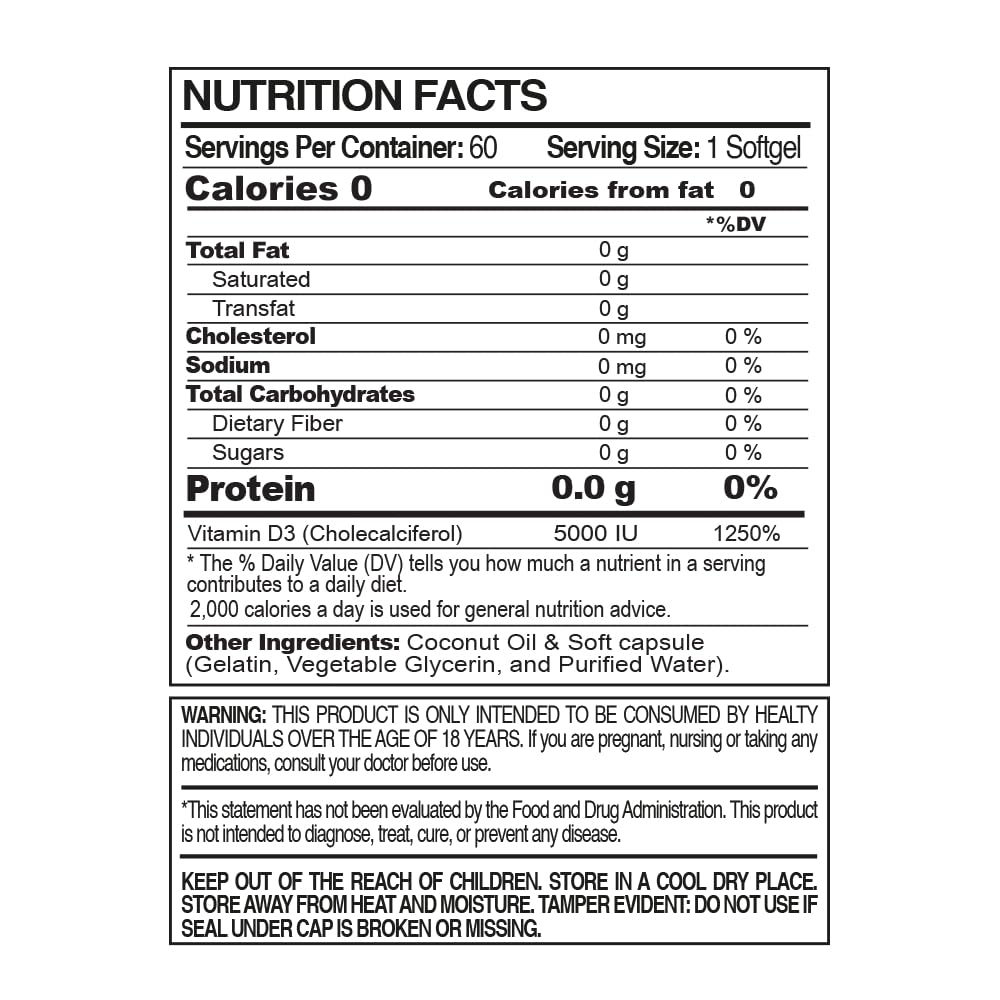Paleolf Vitamin D3 5000 IU Premium High Potency with Coconut Oil Softgels, 120 Count